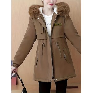 Fluffy Trim Hooded Warm Coat, Casual Zip Up Long Sleeve Winter Outerwear, Women's Clothing