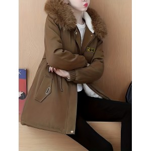 Fluffy Trim Hooded Warm Coat, Casual Zip Up Long Sleeve Winter Outerwear, Women's Clothing