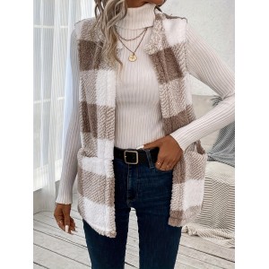 Plaid Pattern Teddy Vest, Casual Open Front Sleeveless Vest, Women's Clothing