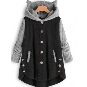 Color Block Hooded Coat, Dual Pockets Button Long Sleeve Coat, Casual Outerwear For Fall & Winter, Women's Clothing