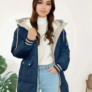 Zip Up Color Block Hooded Coat, Casual Long Sleeve Winter Warm Outerwear, Women's Clothing