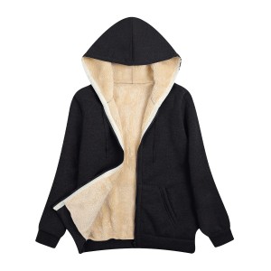 Fuzzy Hooded Jacket, Casual Zip Up Drawstring Long Sleeve Solid Outerwear, Women's Clothing