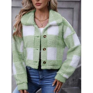 Plaid Teddy Coat, Casual Button Front Long Sleeve Winter Warm Outerwear, Women's Clothing