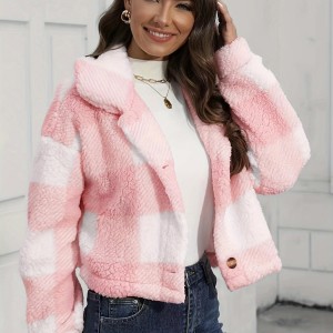 Plaid Teddy Coat, Casual Button Front Long Sleeve Winter Warm Outerwear, Women's Clothing