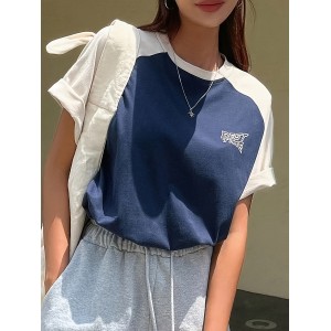 Letter Print Colorblock Crew Neck T-Shirt, Casual Raglan Sleeve Top For Spring & Summer, Women's Clothing