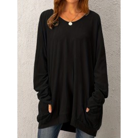 Solid Pocket Crew Neck T-Shirt, Casual Long Sleeve Top For Spring & Fall, Women's Clothing