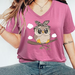 Cute Owl Print V Neck T-Shirt, Casual Short Sleeve T-Shirt For Spring & Summer, Women's Clothing