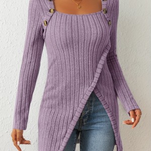 Button Decor Asymmetrical Hem T-Shirt, Casual Ribbed Long Sleeve Top For Spring & Fall, Women's Clothing