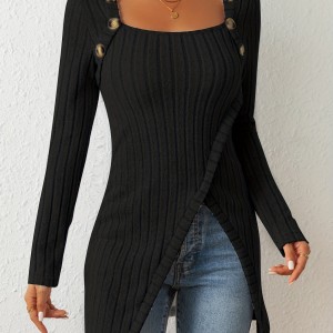 Button Decor Asymmetrical Hem T-Shirt, Casual Ribbed Long Sleeve Top For Spring & Fall, Women's Clothing