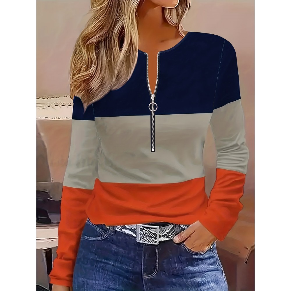 Colorblock Stripe Print Zip Front T-Shirt, Casual Long Sleeve Top For Spring & Fall, Women's Clothing