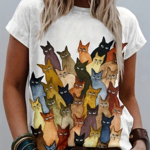 Cat Print Crew Neck T-Shirt, Casual Short Sleeve T-Shirt For Spring & Summer, Women's Clothing