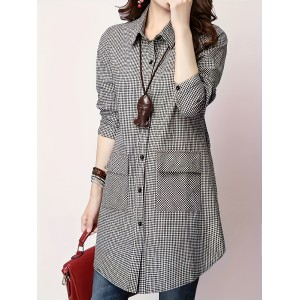 Button Front Long Top, Casual Long Sleeve Long Shirt, Women's Clothing