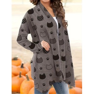 Cute Cat Print Open Front Cardigan, Casual Long Sleeve Outerwear, Women's Clothing