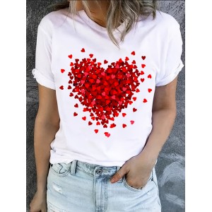 Heart Print T-Shirt For Valentine's Day Gifts, Crew Neck Short Sleeve T-Shirt, Casual Every Day Tops, Women's Clothing