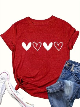 Heart Print Crew Neck T-Shirt, Cute Short Sleeve T-Shirt For Spring & Summer, Women's Clothing