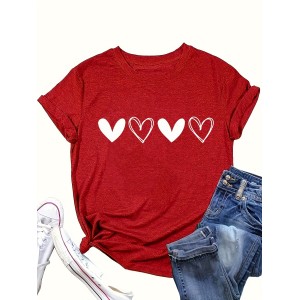 Heart Print Crew Neck T-Shirt, Cute Short Sleeve T-Shirt For Spring & Summer, Women's Clothing