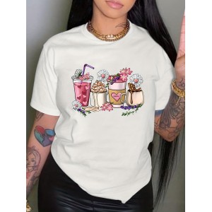 Coffee & Floral Print Crew Neck T-shirt, Casual Short Sleeve Drop Shoulder Top, Women's Clothing