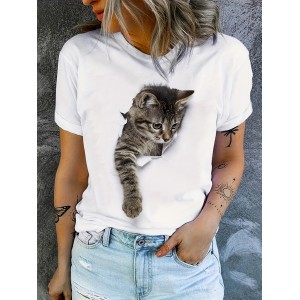 Cute Cat Print T-Shirt, Crew Neck Short Sleeve T-Shirt, Casual Every Day Tops, Women's Clothing