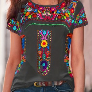 Boho Floral Print T-shirt, Ethnic Crew Neck Short Sleeve Summer T-shirt, Women's Clothing