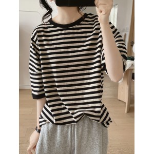 Crew Neck Striped T-Shirt, Random Print Casual Top For Summer & Spring, Women's Clothing