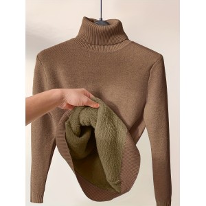 Solid Turtle Neck Pullover Sweater, Casual Long Sleeve Thermal Sweater For Fall & Winter, Women's Clothing