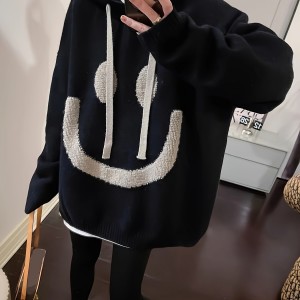 Smile Face Pattern Oversized Hoodies, Casual Drawstring Long Sleeve Sweater, Women's Clothing