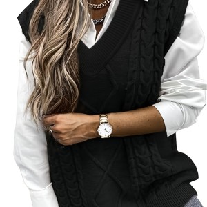 Cable V Neck Knitted Vest, Casual Sleeveless Vest For Spring & Fall, Women's Clothing