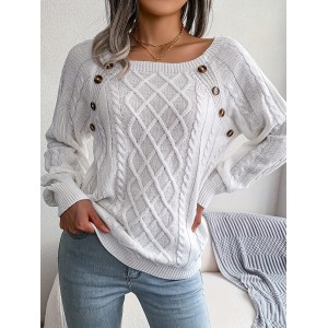 Solid Cable Knit Sweater, Casual Crew Neck Long Sleeve Sweater, Women's Clothing