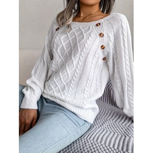 Solid Cable Knit Sweater, Casual Crew Neck Long Sleeve Sweater, Women's Clothing