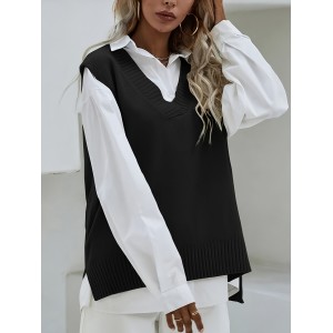 Solid V Neck Knitted Vest, Casual Sleeveless Dipped Hem Split Sweater, Women's Clothing