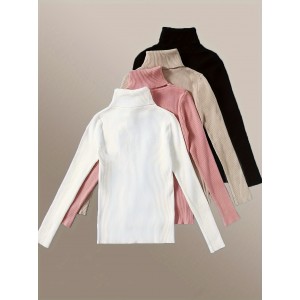 Solid 4 Packs Knitted Sweater, Casual Long Sleeve Turtleneck Sweater For Fall & Winter, Women's Clothing