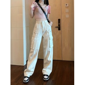 Plain Flap Pockets Cargo Pants, Non-Stretch Loose Fit High Waist Y2K & Kpop Style Straight Jeans, Women's Denim Jeans & Clothing