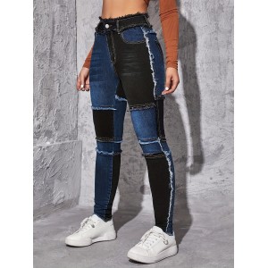 Colorblock Raw Hem Skinny Jeans, Slim Fit Slash Pockets High-Stretch Patchwork Casual Denim Pants, Women's Denim Jeans & Clothing