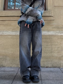 Plain Wide Legs Straight Jeans, Loose Fit Slash Pockets High-Stretch Denim Pants, Women's Denim Jeans & Clothing