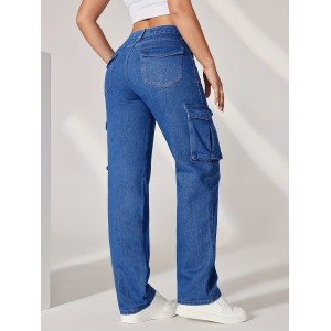 Blue Flap Pockets Cargo Pants, Loose Fit High Waist Y2K & Kpop Style Straight Jeans, Women's Denim Jeans & Clothing