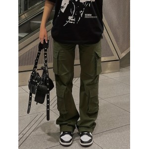 Green Loose Fit Cargo Pants, Flap Pockets Non-Stretch Baggy Denim Pants, Y2K Kpop Vintage Style, Women's Denim Jeans & Clothing