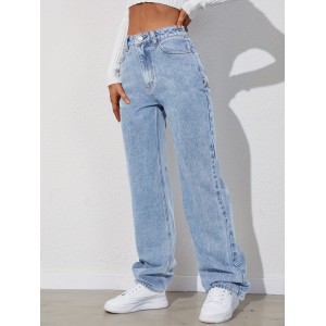 Light Blue Versatile Straight Jeans, Loose Fit Slash Pockets Baggy Denim Pants, Women's Denim Jeans & Clothing