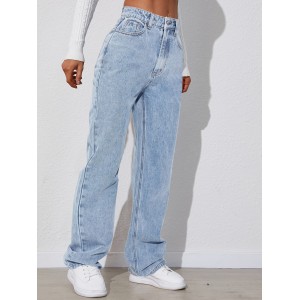 Light Blue Versatile Straight Jeans, Loose Fit Slash Pockets Baggy Denim Pants, Women's Denim Jeans & Clothing