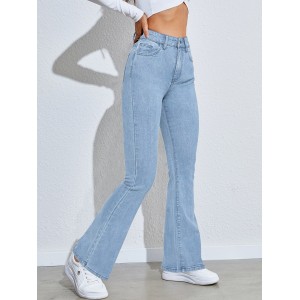 High Waist High Strech Light Blue Bootcut Jeans, Zipper Button Closure Flare Leg Causal Denim Pants, Women's Denim Jeans & Clothing