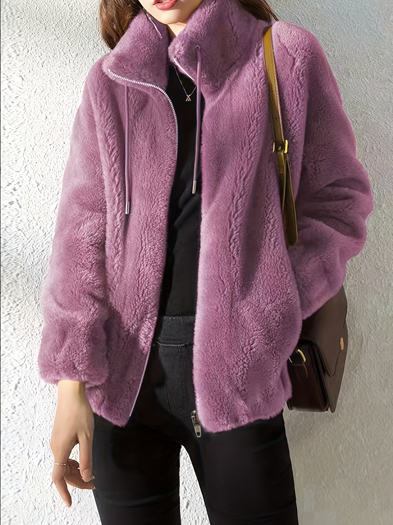 drawstring teddy coat casual zip up long sleeve warm outerwear womens clothing details 6