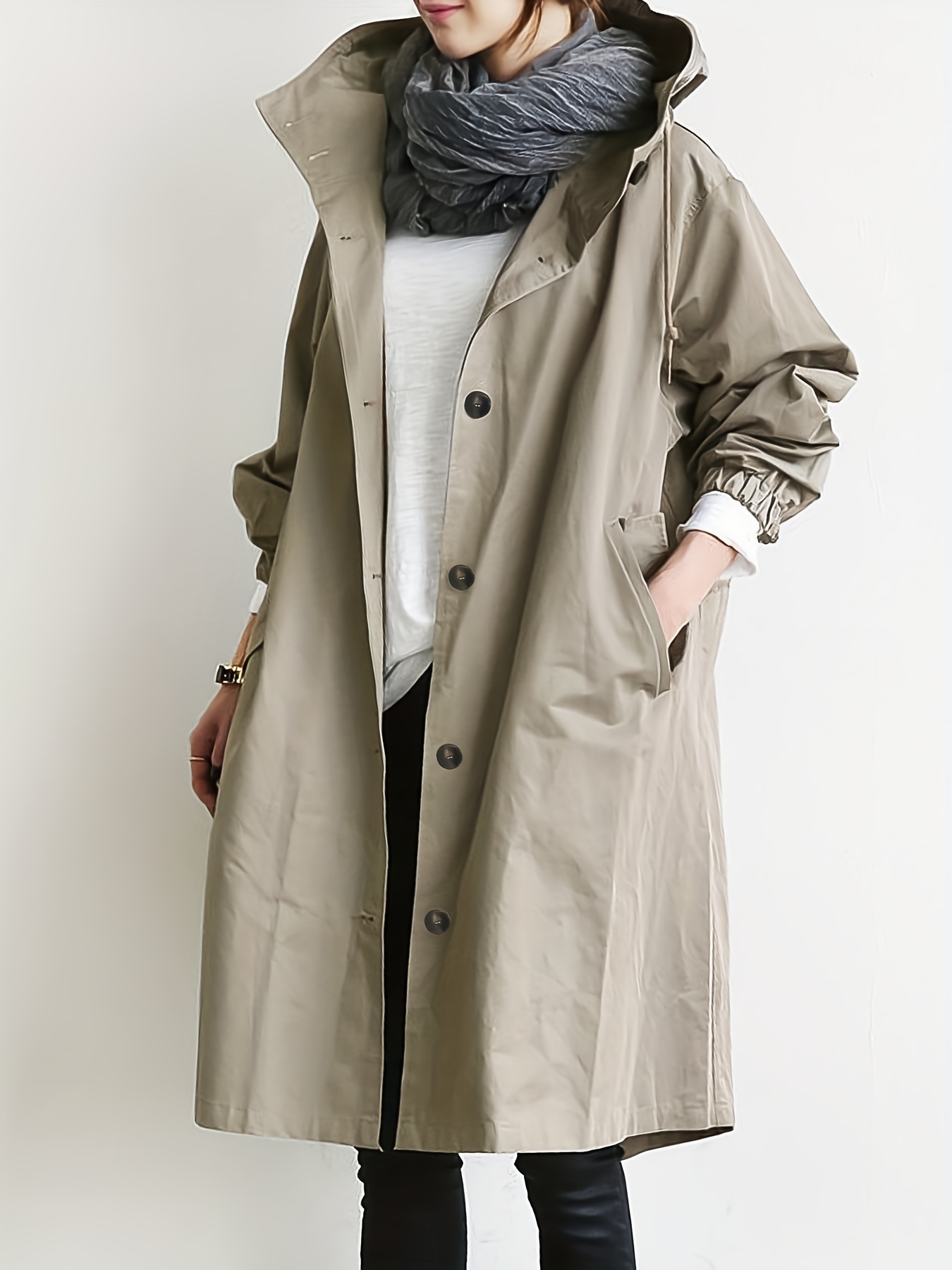 drawstring hooded trench coat casual solid long sleeve outerwear womens clothing details 6