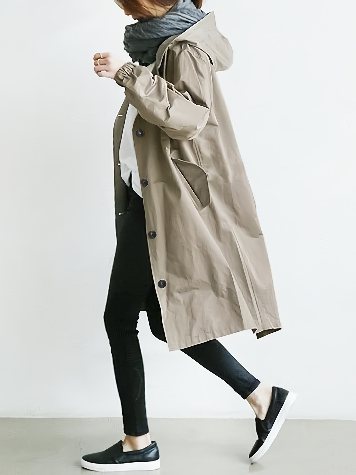 drawstring hooded trench coat casual solid long sleeve outerwear womens clothing details 7