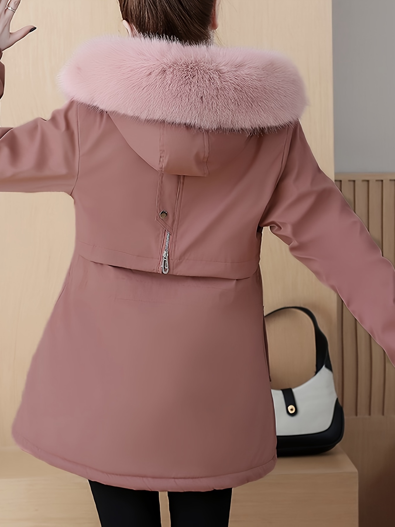 fluffy trim hooded warm coat casual zip up long sleeve winter outerwear womens clothing details 1