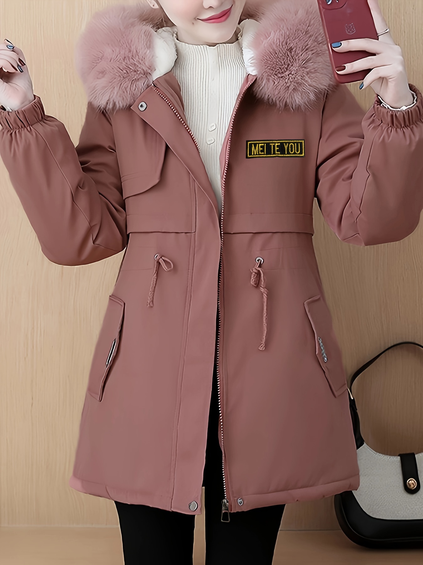 fluffy trim hooded warm coat casual zip up long sleeve winter outerwear womens clothing details 4