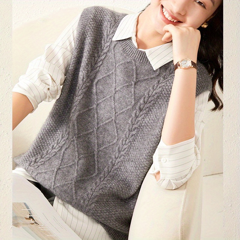 solid cable knit sweater vest versatile sleeveless sweater for fall winter womens clothing details 4