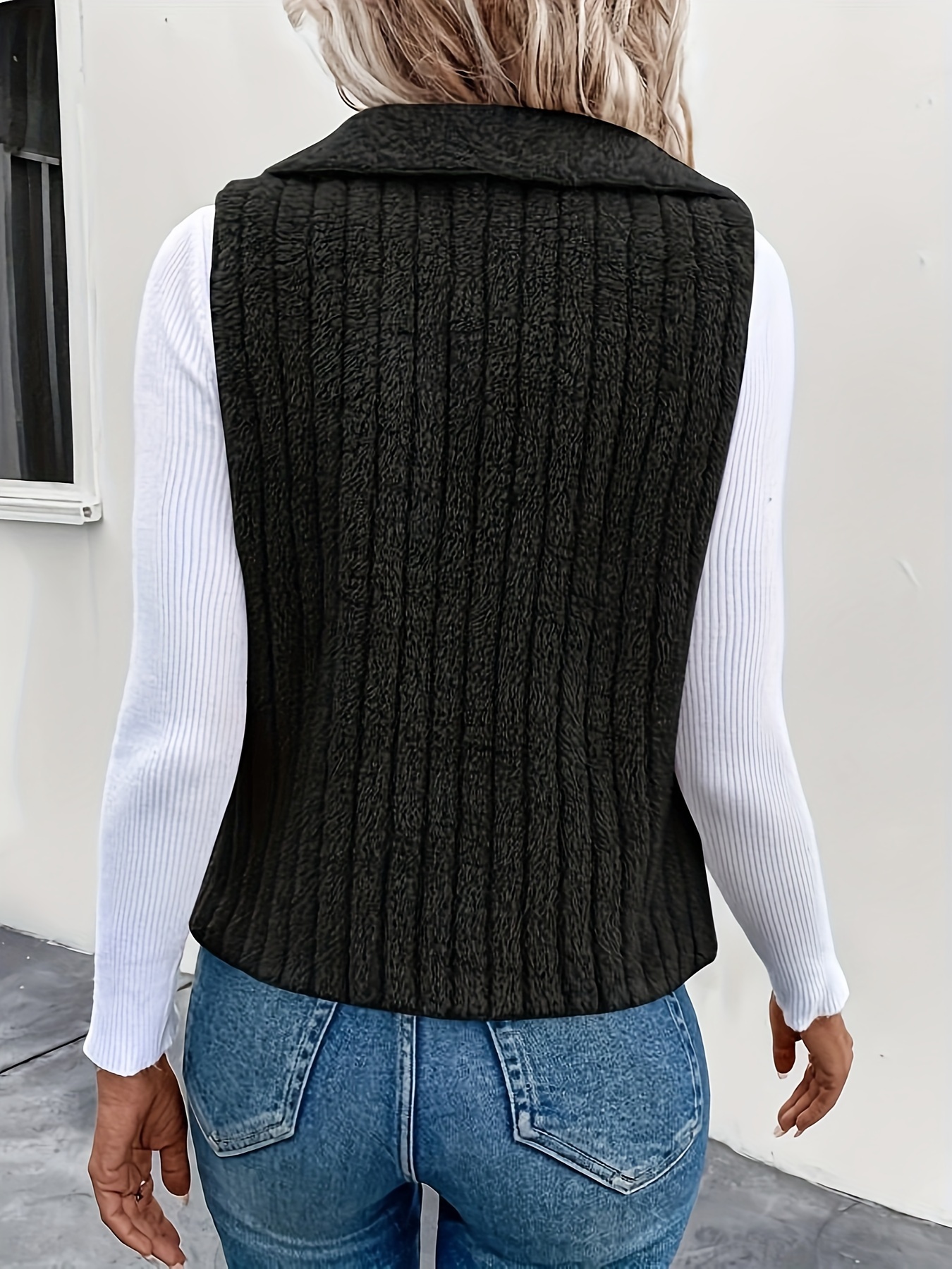 waterfall collar open front vest versatile fuzzy sleeveless outerwear for fall winter womens clothing details 16