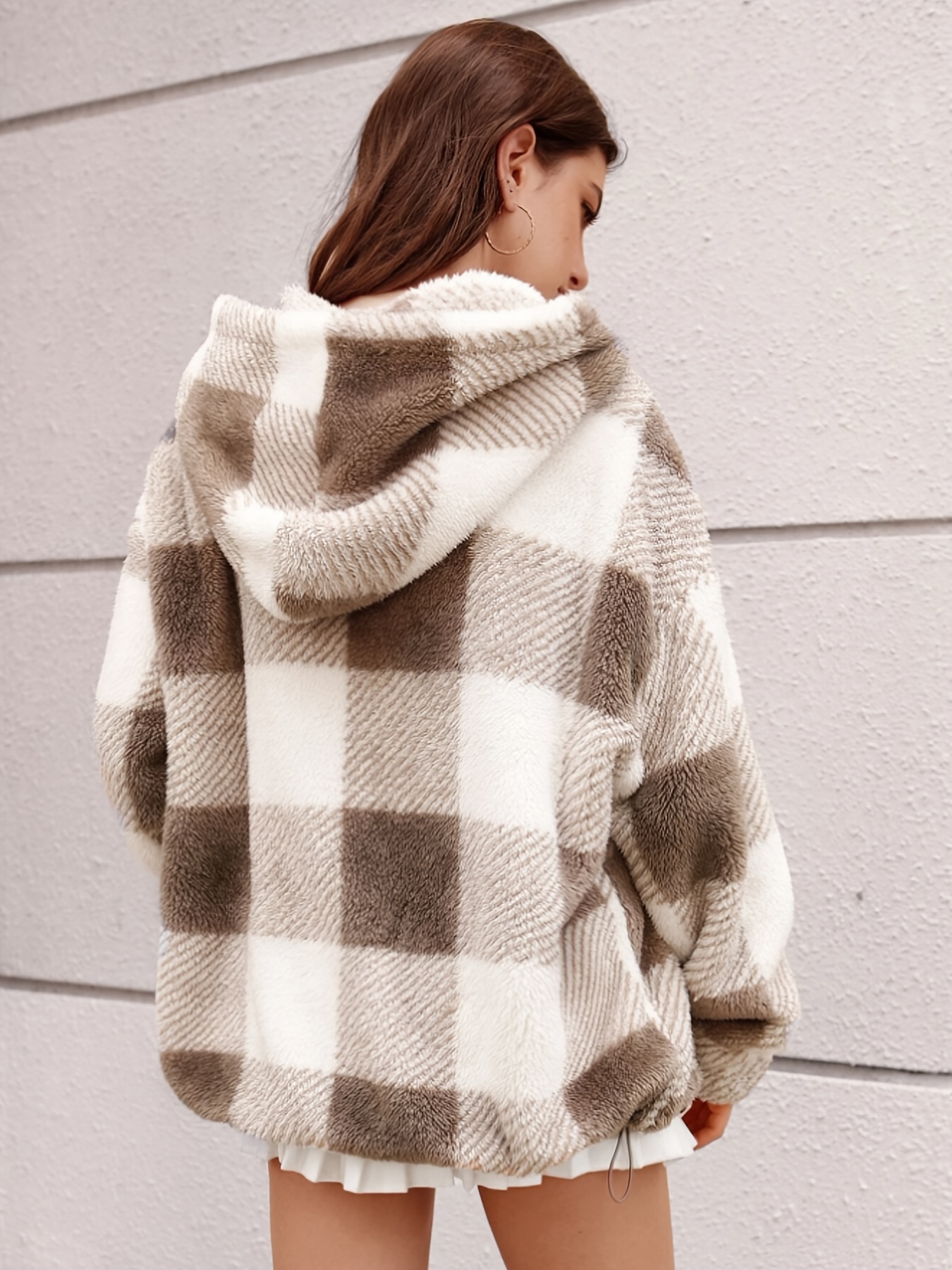 plaid hooded teddy coat elegant zip up long sleeve winter warm outerwear womens clothing details 0