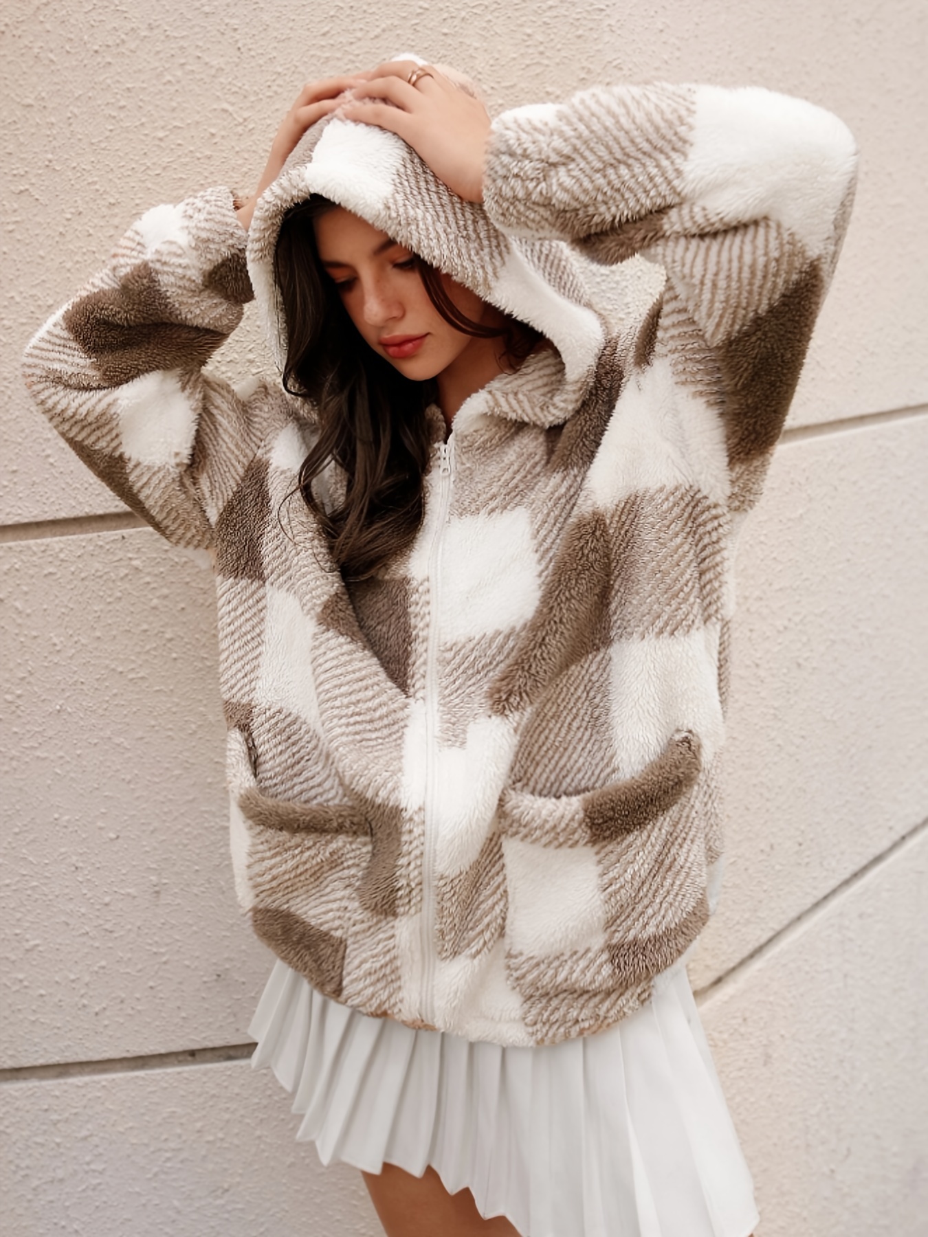 plaid hooded teddy coat elegant zip up long sleeve winter warm outerwear womens clothing details 3