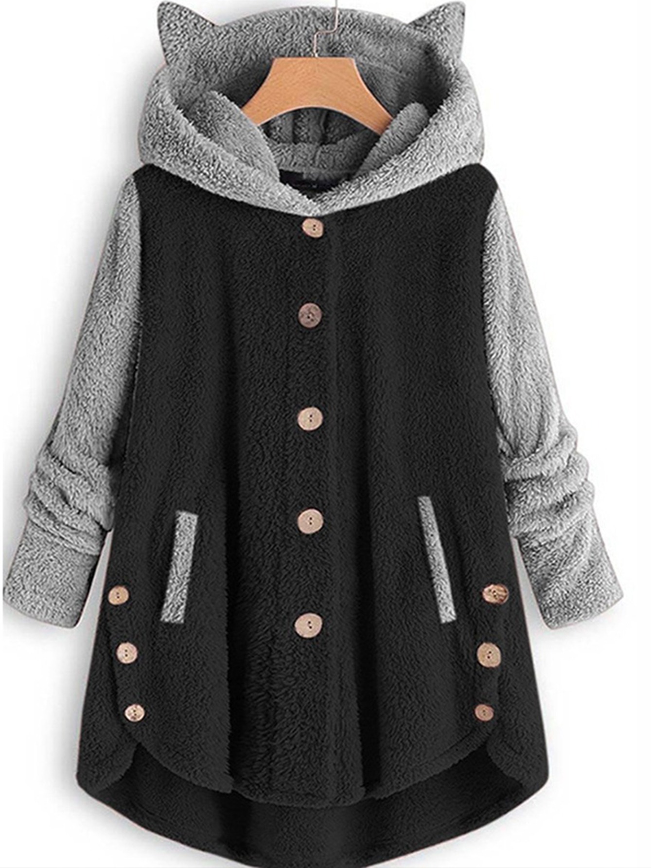 color block hooded coat dual pockets button long sleeve coat casual outerwear for fall winter womens clothing details 1