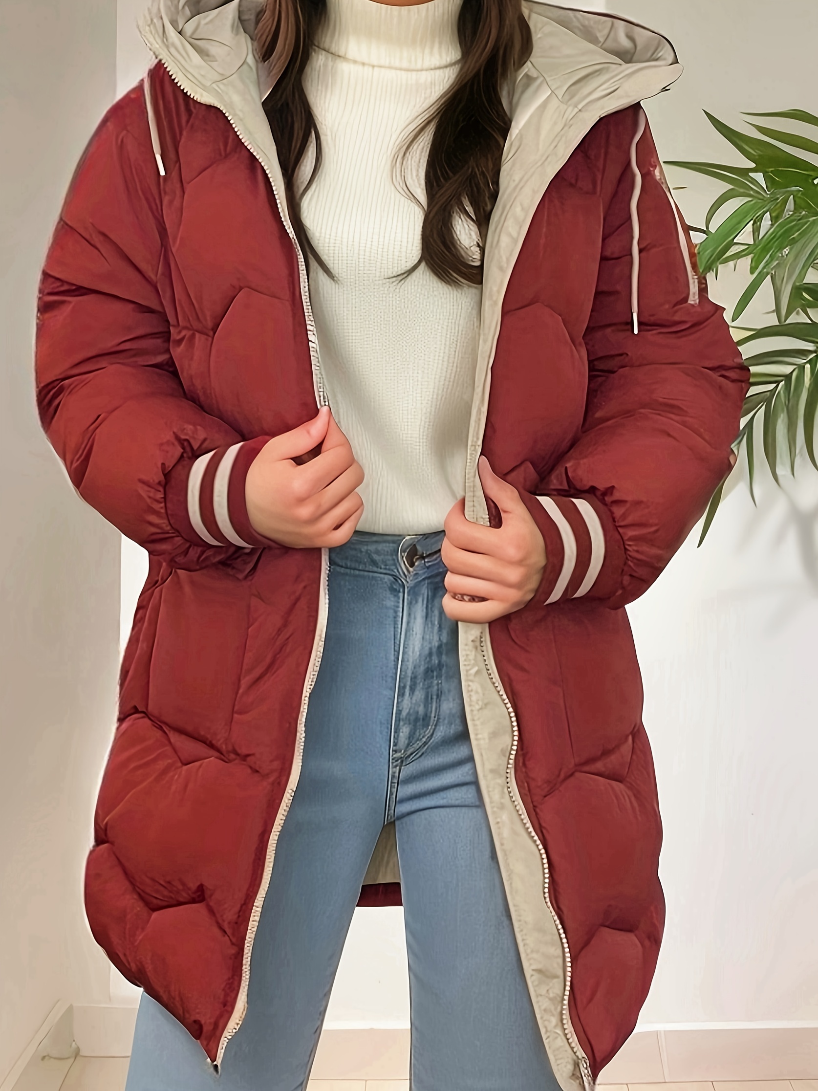 zip up color block hooded coat casual long sleeve winter warm outerwear womens clothing details 0